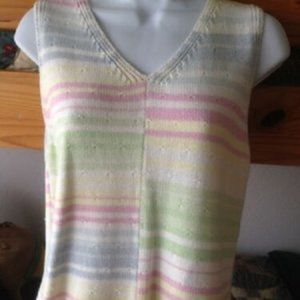Liz Claiborne * WHITE slvls v-neck PASTEL RAINBOW Stripes KNIT Sweater TANK * S